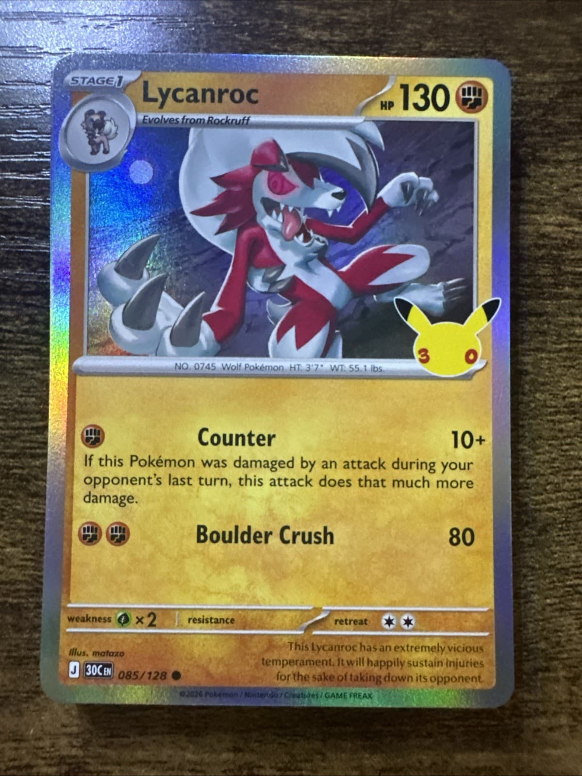 Lycanroc 085/128, 30th Anniversary Celebration, Rare Holo, Pokemon TCG, NM