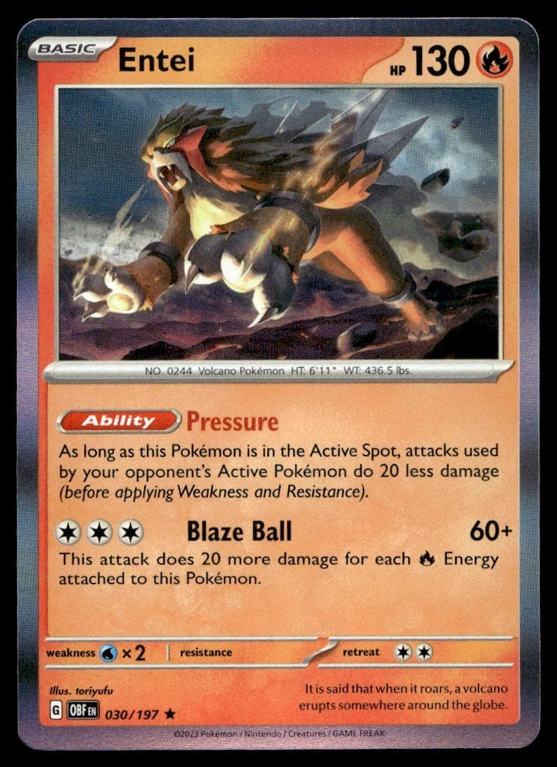 Entei 30/197 Pokemon Card Obsidian Flames Rare 130 HP Holo Lightly Played MM