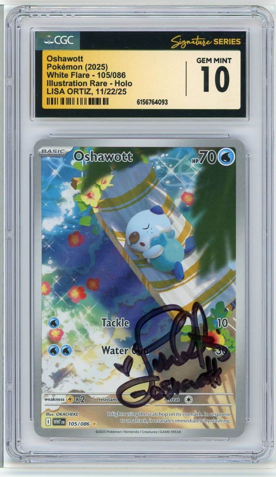CGC 10 Lisa Ortiz SIGNED Oshawott 105/086 White Flare ILLUSTRATION RARE POKEMON