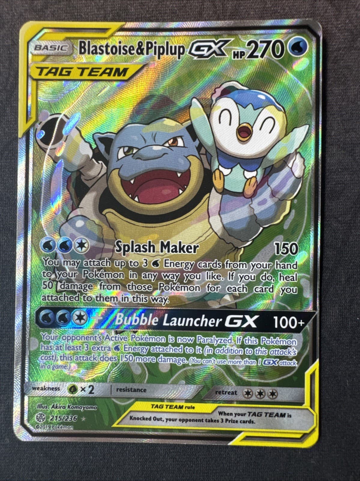 Blastoise & Piplup GX Alternate Art 215/236 Cosmic Eclipse Sun & Moon Pokemon