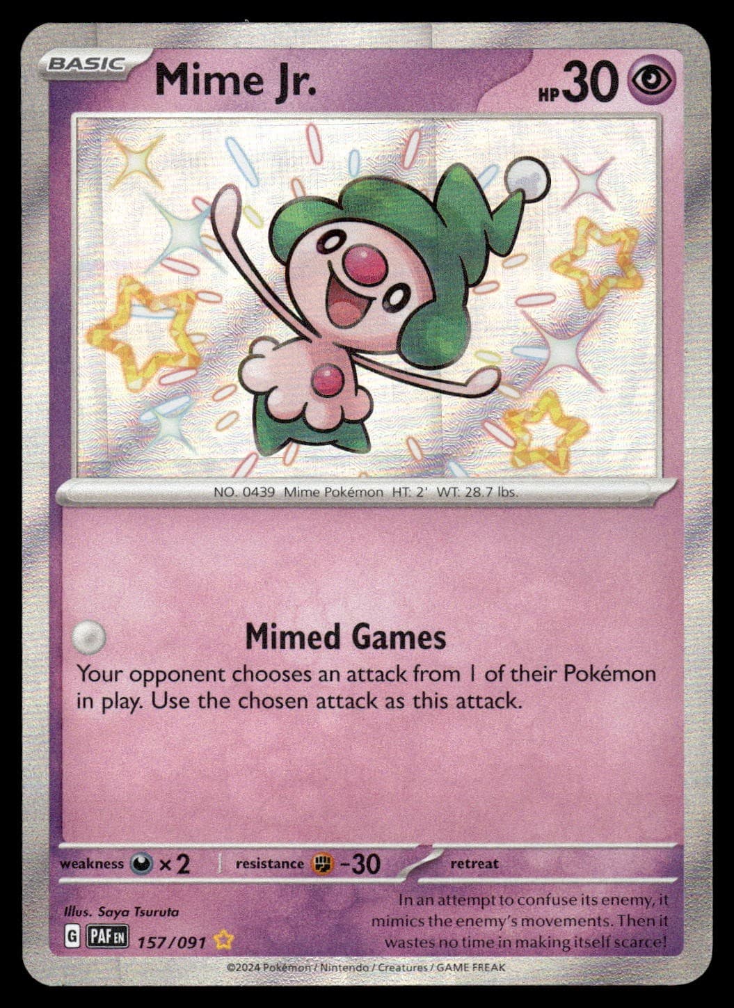 Mime Jr. 157/091 PAF Paldean Fates Shiny Rare Pokemon Card - NM