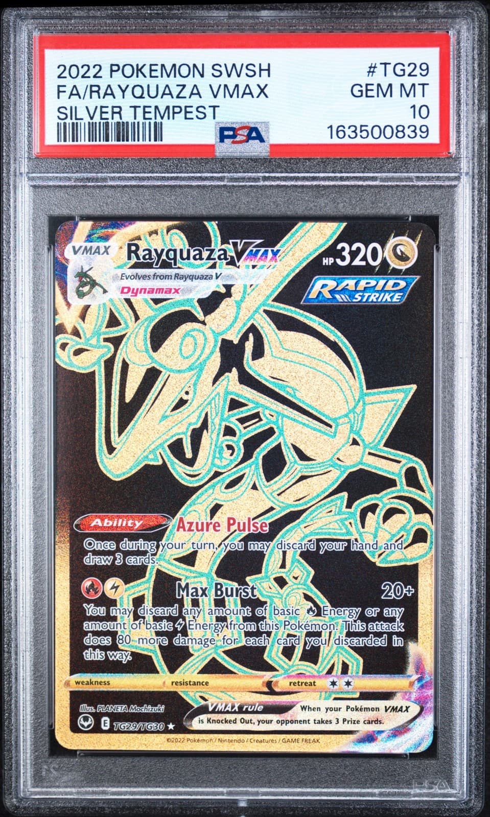 2022 POKEMON SWORD & SHIELD SILVER TEMPEST #TG29 FULL ART/RAYQUAZA VMAX PSA 10