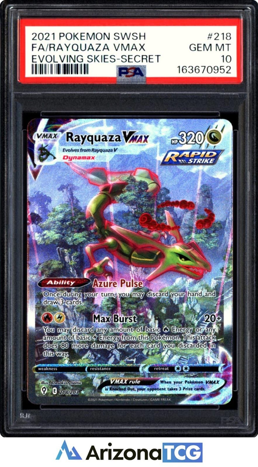 Pokemon 2021 Rayquaza VMAX 218/203 Alt Art Evolving Skies GEM MINT PSA 10