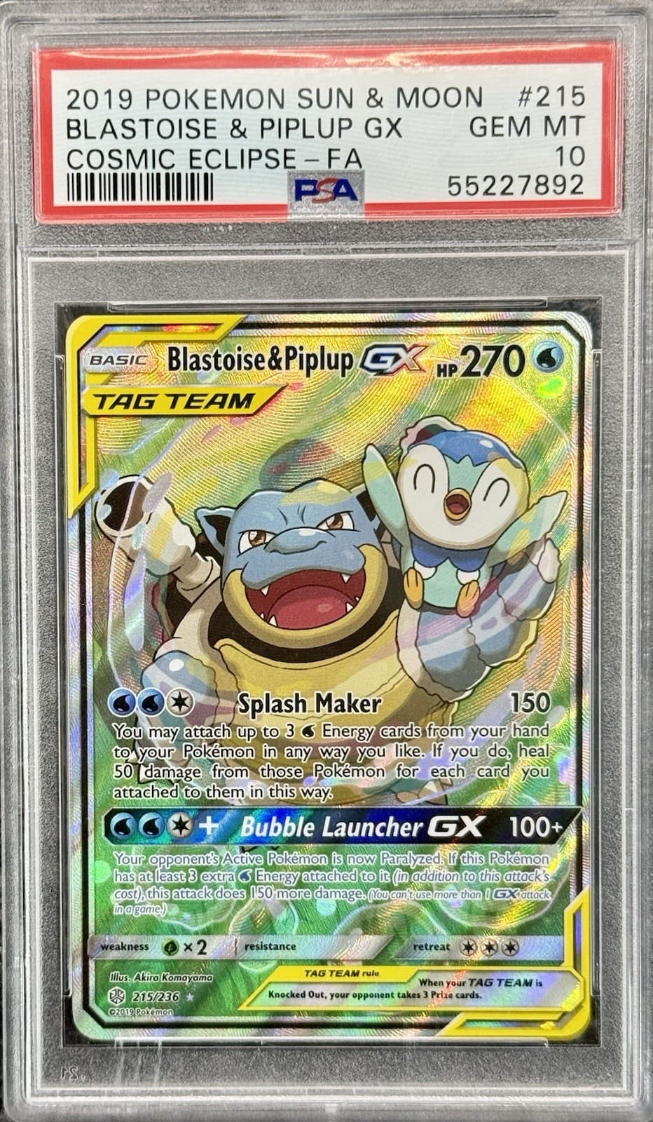2019 Pokemon Blastoise & Piplup GX #215 Sun & Moon Team Up PSA 10