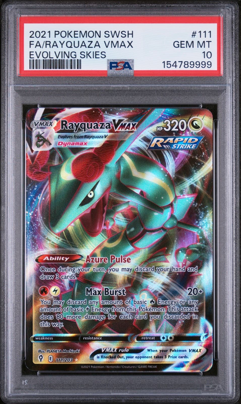 2021 POKEMON SWORD & SHIELD EVOLVING SKIES #111 FULL ART/RAYQUAZA VMAX PSA 10