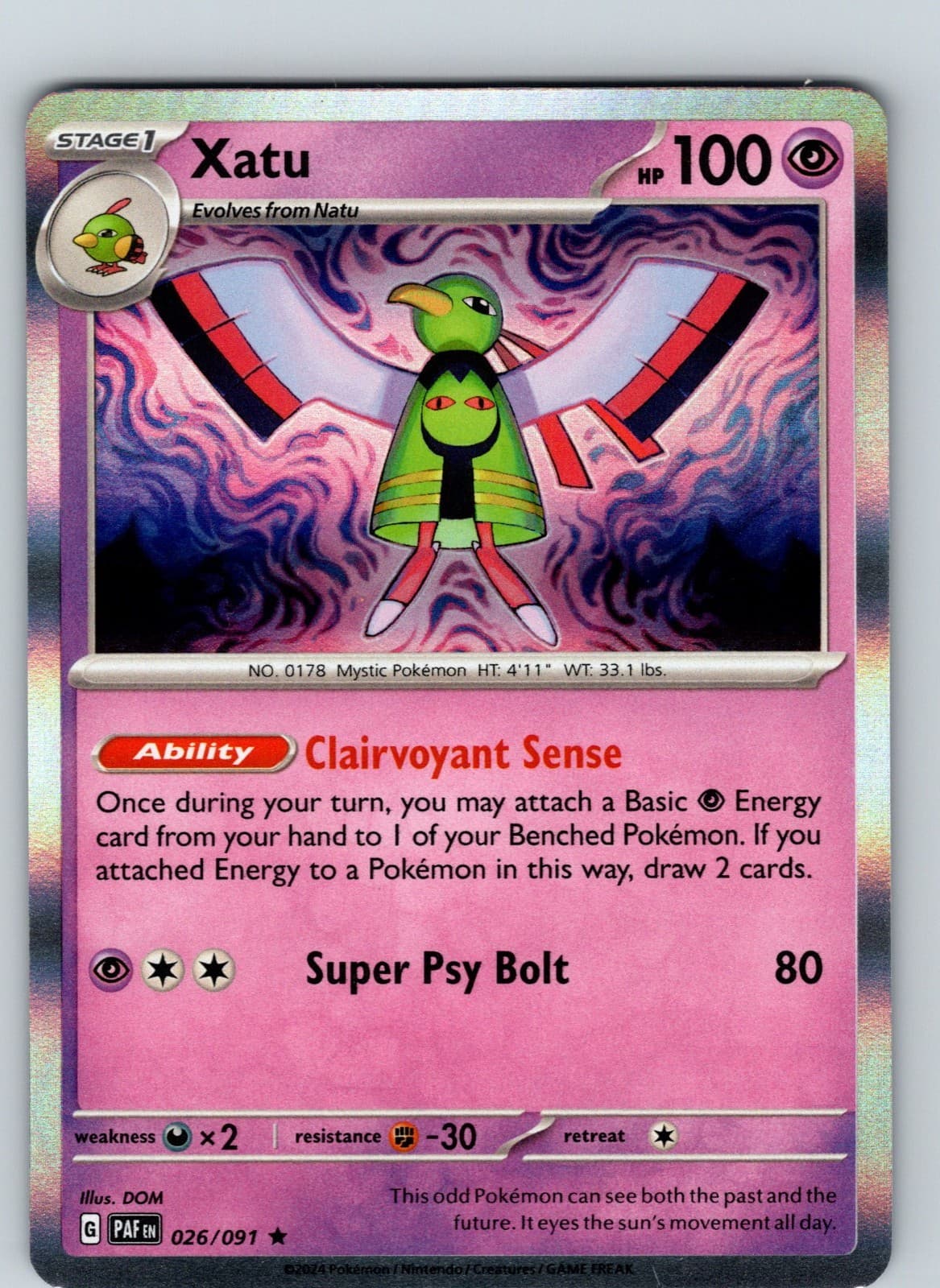 Xatu 26/91 2024 SV Paldean Fates Holo Rare