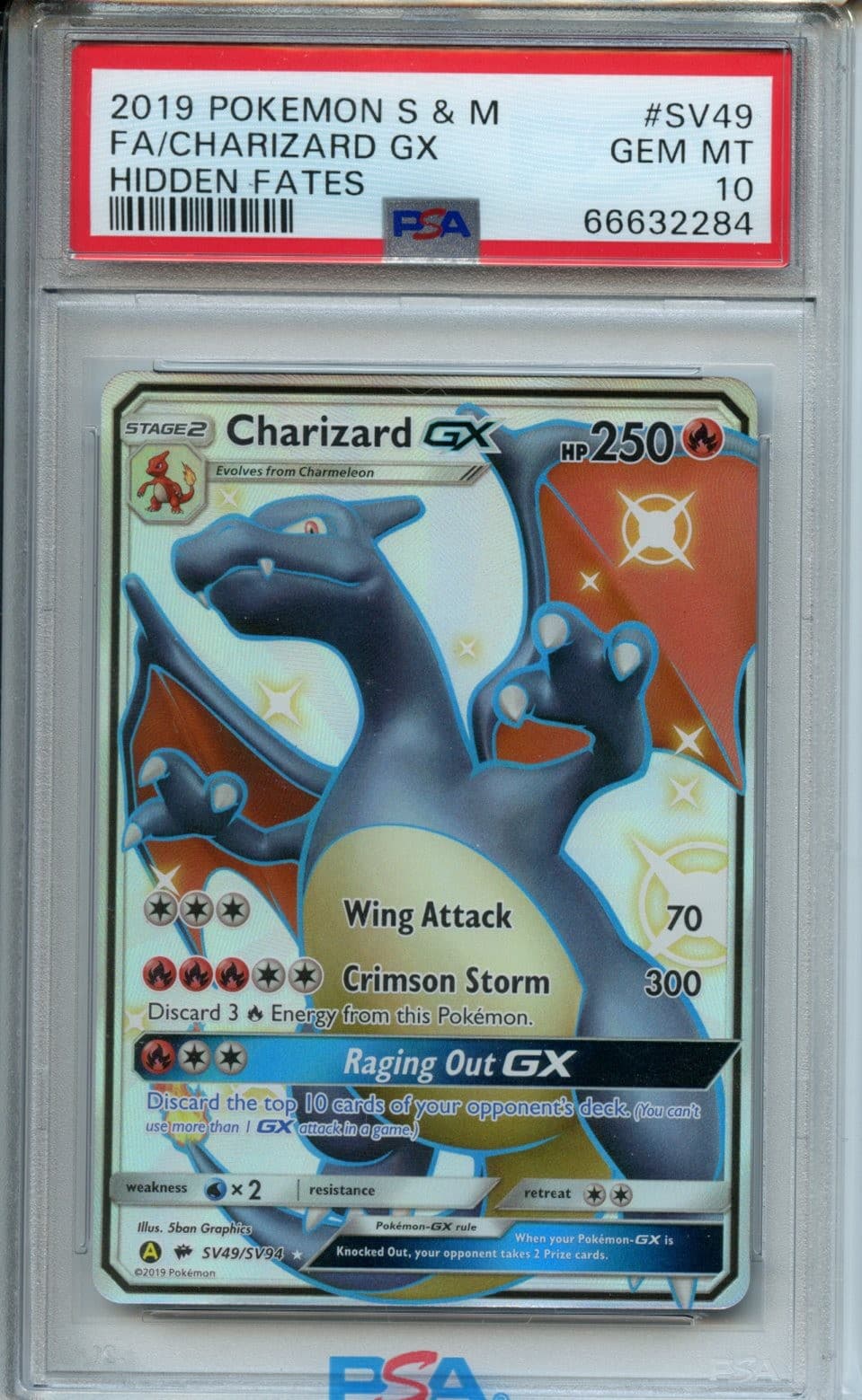 2019 Pokemon Sun & Moon Hidden Fates #SV49 Charizard Gx PSA 10