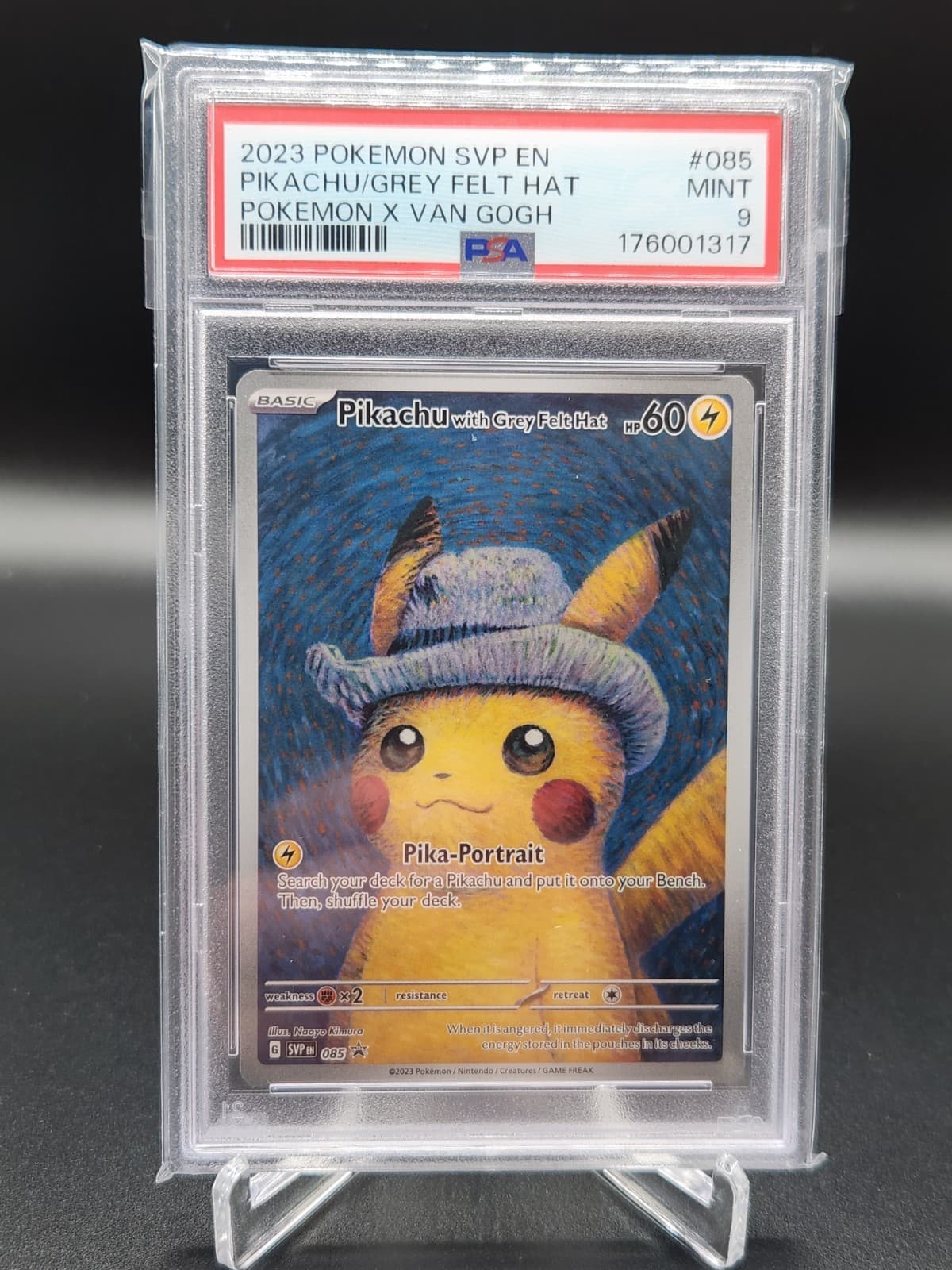 2023 Pokemon Pikachu Grey Felt Hat 085 Van Gogh Promo PSA 9 MINT FRESH GRADE!