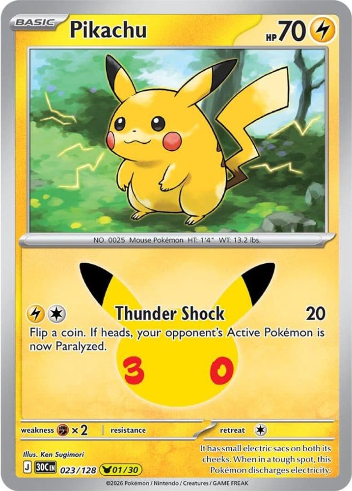 PIKACHU 023/128 HOLO ME: 30TH CELEBRATION PIKACHU RARE NM