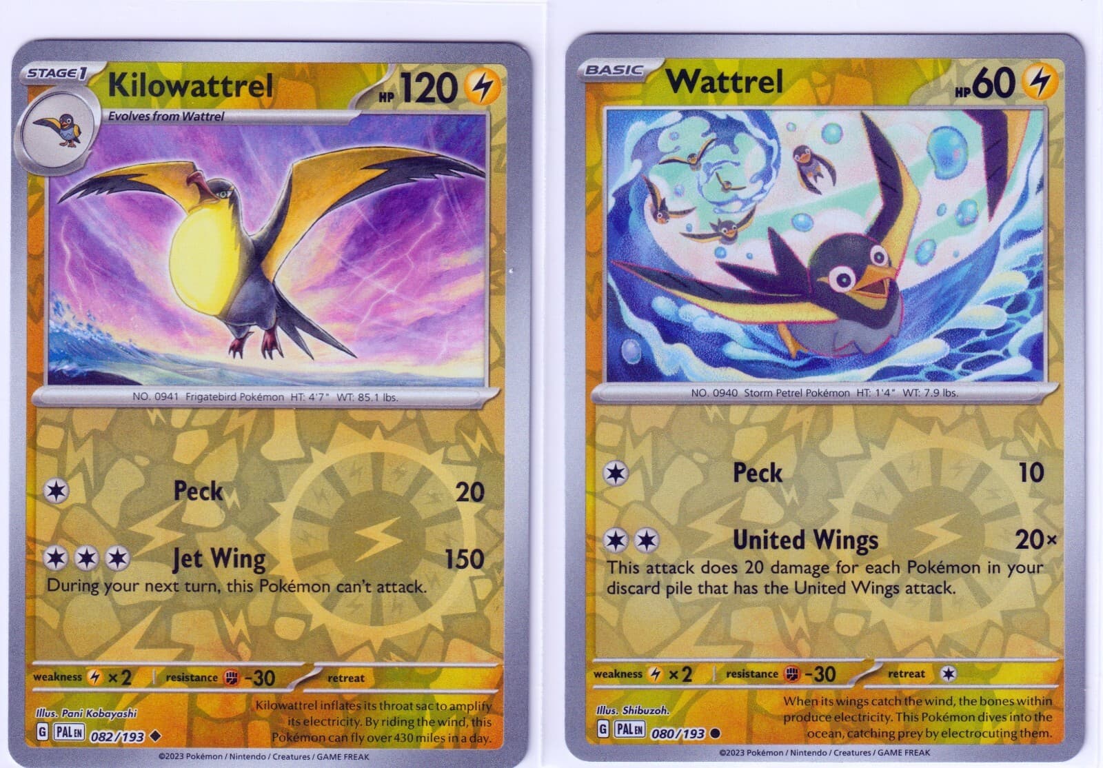 2 PALDEA EVOLVED POKEMON KILOWATTRELL 82/193 & WATTREL 80/193 BOTH REV HOLO NM/M