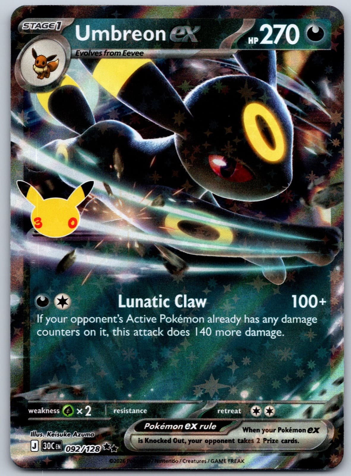 Umbreon ex 092/128 ME: 30th Celebration Double Rare Pokemon TCG NM English 2026