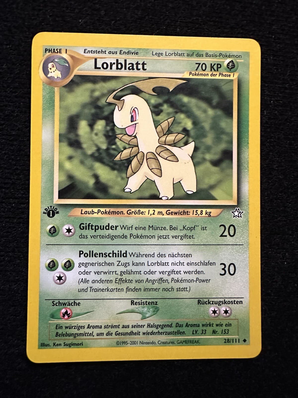 Lorblatt 28/111 Neo Genesis 1. Edition Deutsch Uncommon Vintage Pokémon Karte