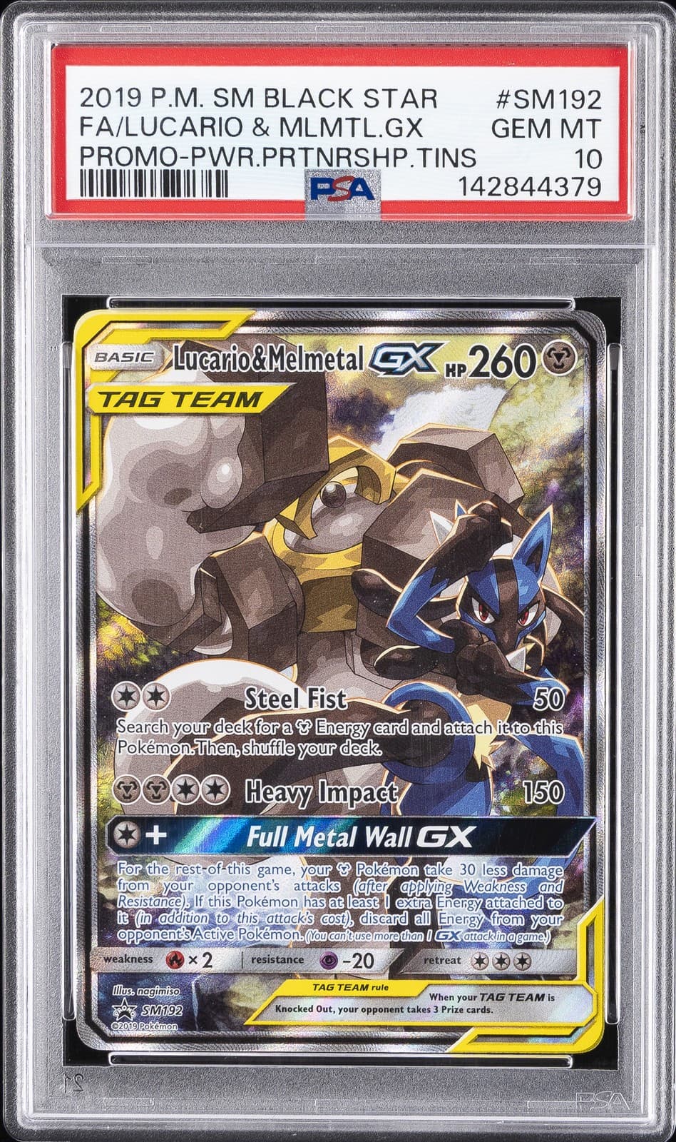 2019 POKEMON SM BLACK STAR PROMO #SM192 FULL ART/LUCARIO & MELMETAL GX PSA 10