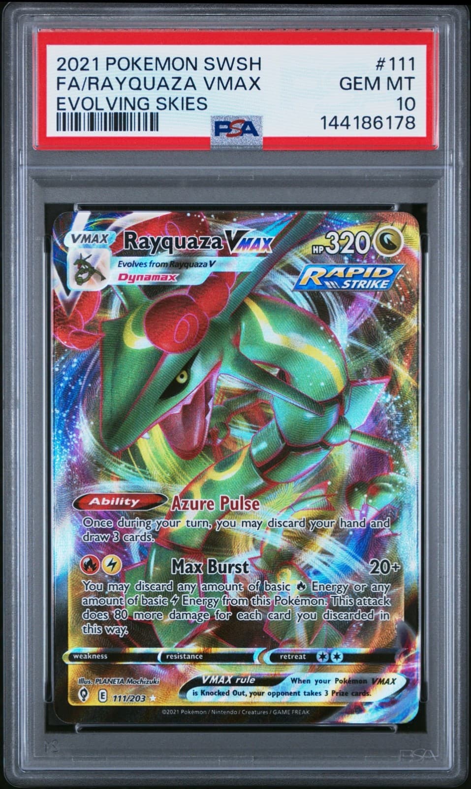 2021 Pokemon SWSH Evolving Skies Rayquaza VMax Full Art #111 PSA 10