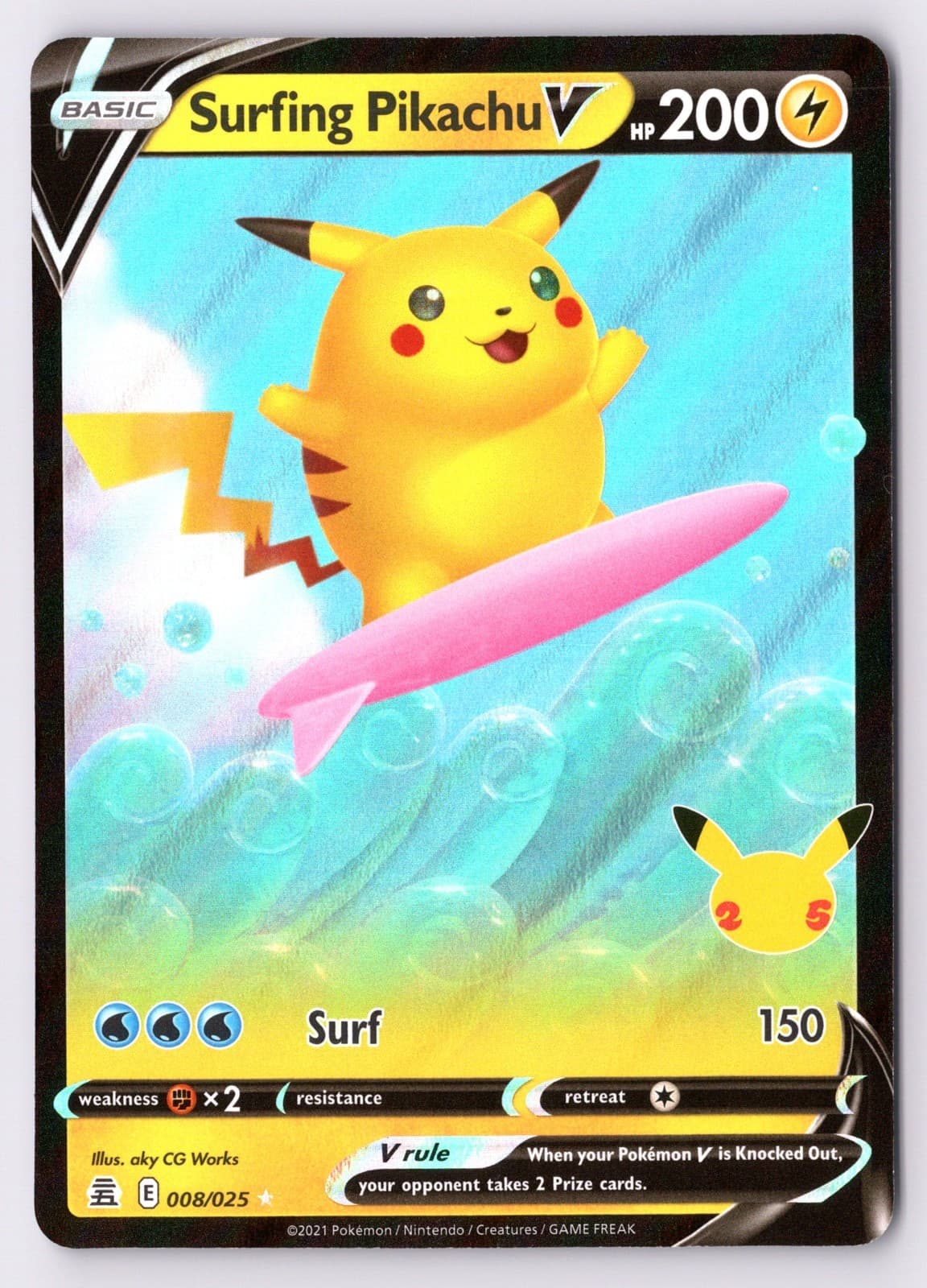 Surfing Pikachu V 8/25 Celebrations Holo Pokemon NM