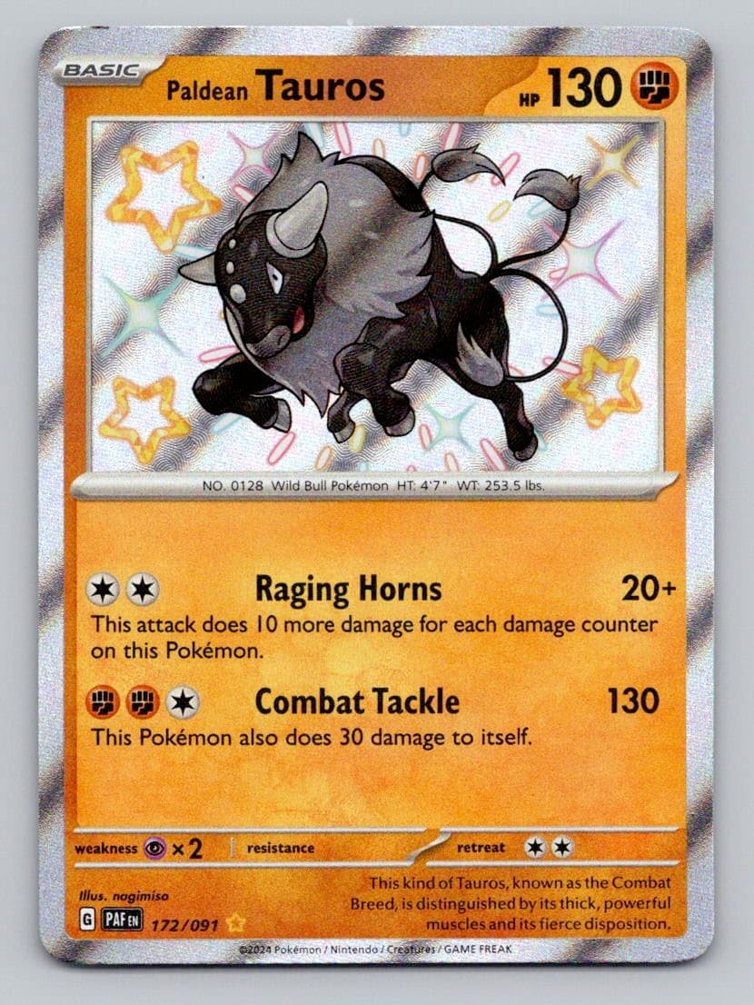 Paldean Tauros 172/091 Shiny Rare Paldean Fates Pokemon Holo Near Mint