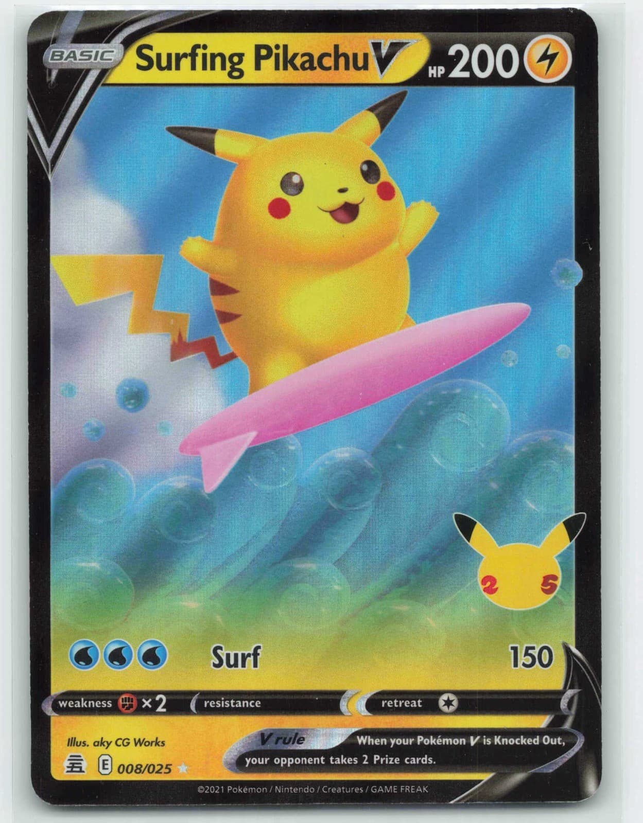 2021 Pokemon, Celebrations, #8/25 Surfing Pikachu V, Holo Ultra Rare NM
