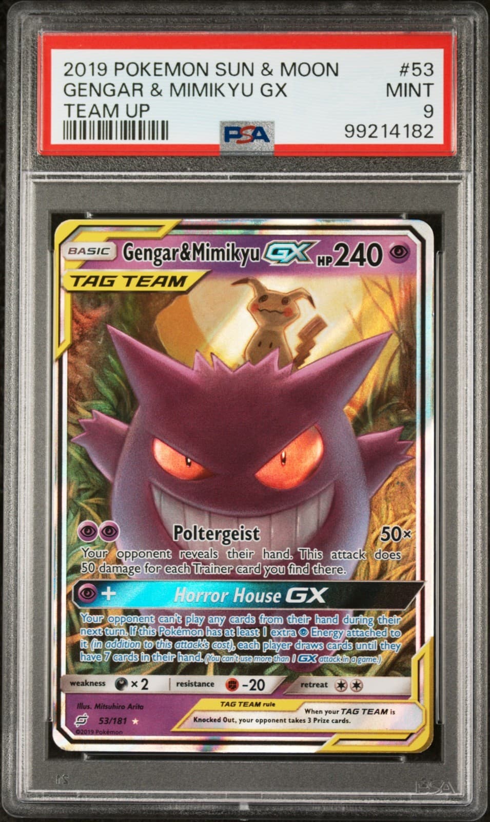 Pokemon Gengar & Mimikyu GX 53/181 - PSA 9 - Sun Moon SM Team Up Holo Tag Team