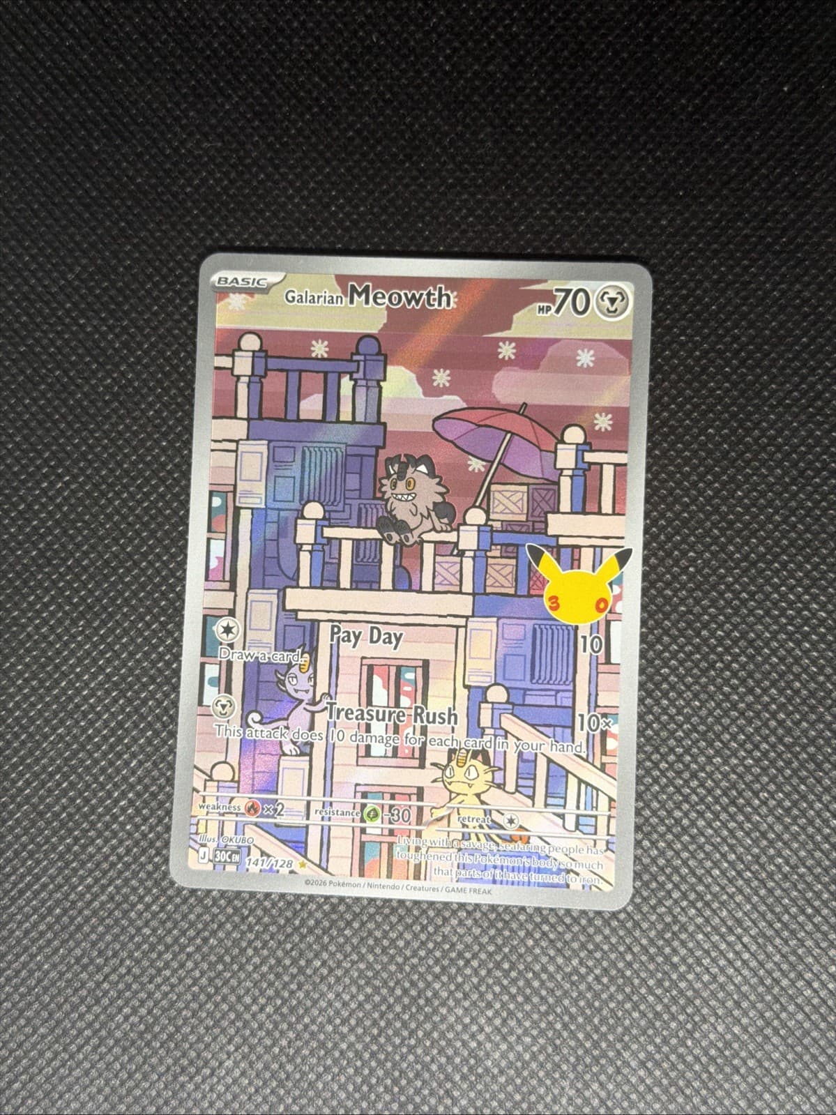 Galarian Meowth 141/128 Illustration Rare ME: 30th Celebration Pokemon Holo NM