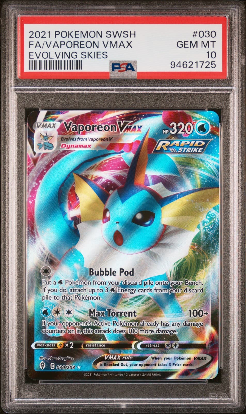 2021 Pokemon Sword & Shield Evolving Skies Vaporeon Vmax PSA 10 #030