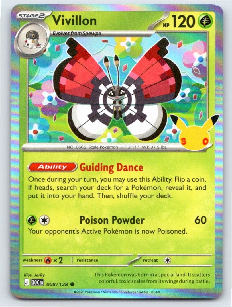 2026 POKEMON ME: 30TH CELEBRATION VIVILLON 008/128 HOLO C NM A103143 FREE S&H