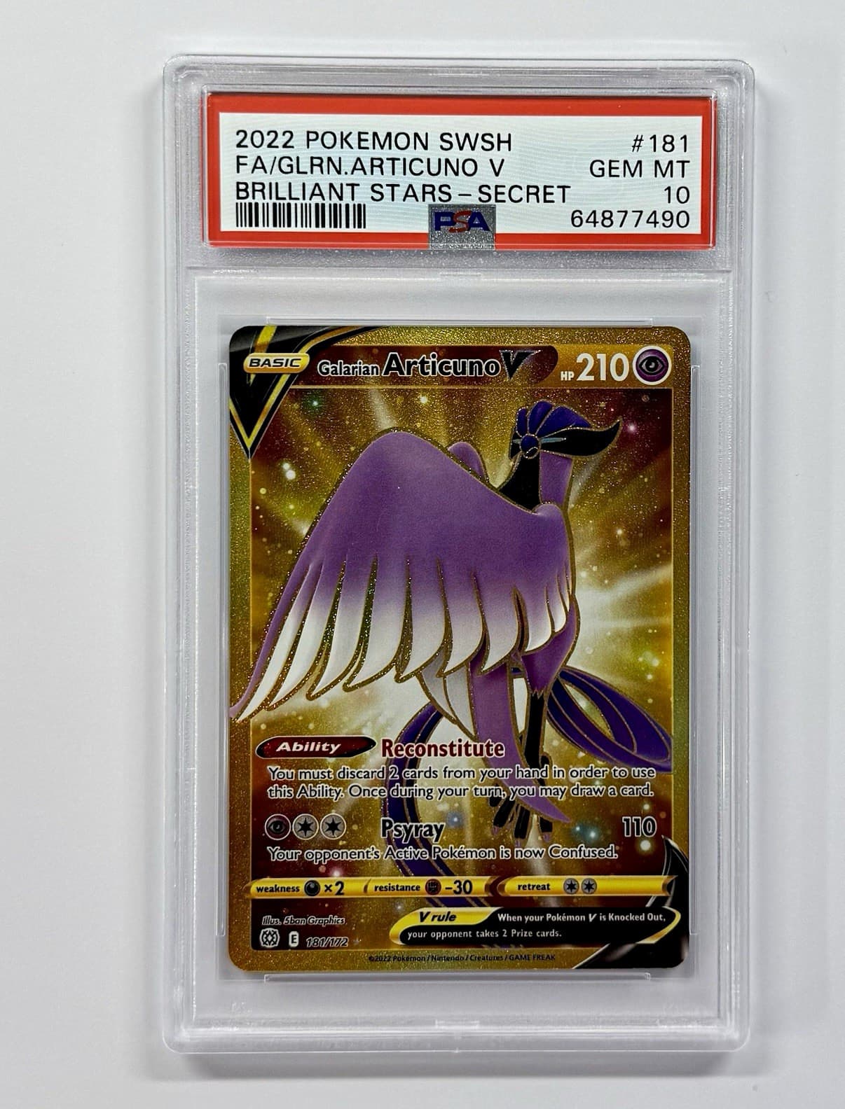 2022 Pokemon Brilliant Stars Galarian Articuno V #181/172 Gold Secret PSA 10