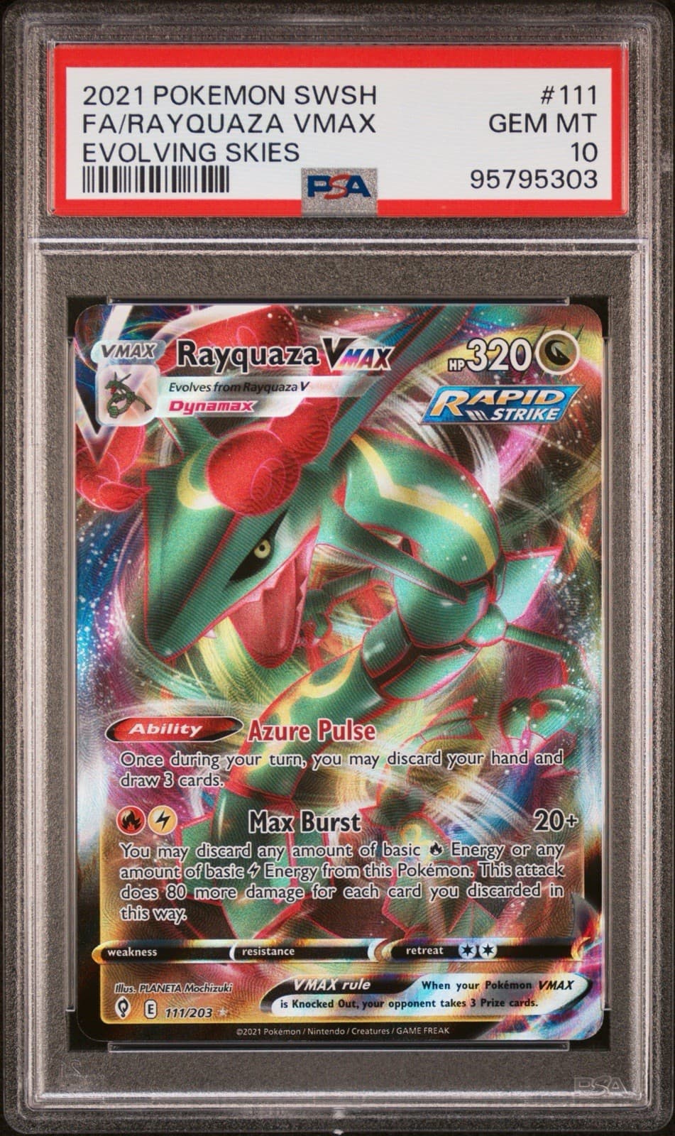 Pokemon 2021 Rayquaza VMAX 111/203 Rapid Strike Evolving Skies GEM MINT PSA 10