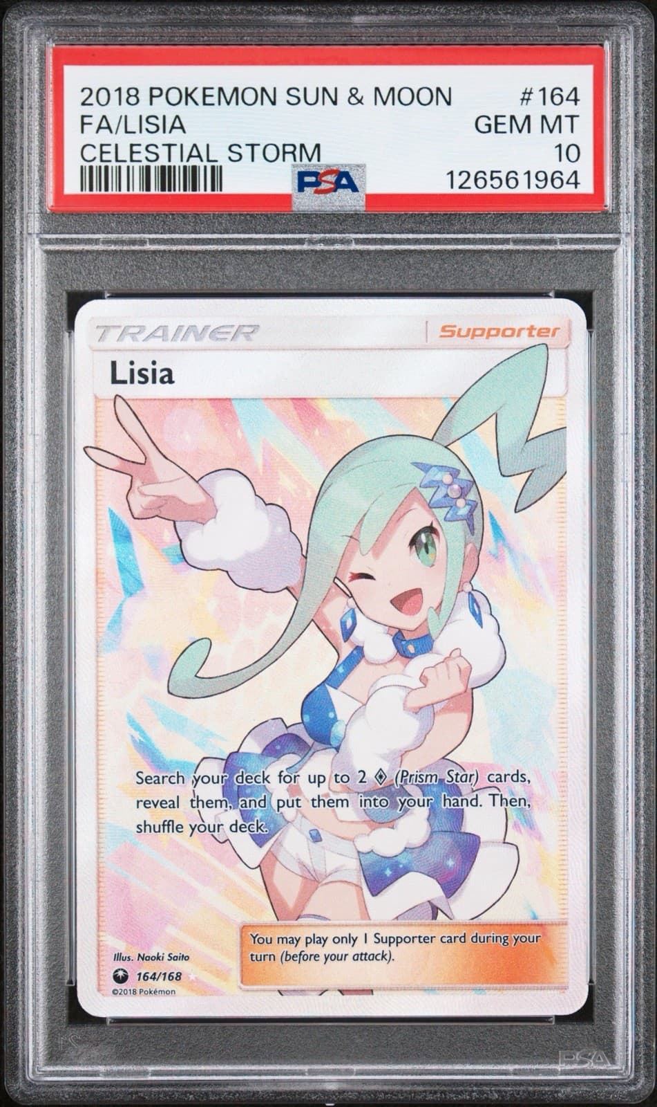 2018 POKEMON TCG SUN MOON CELESTIAL STORM LISIA #164/168 FULL ART TRAINER PSA 10
