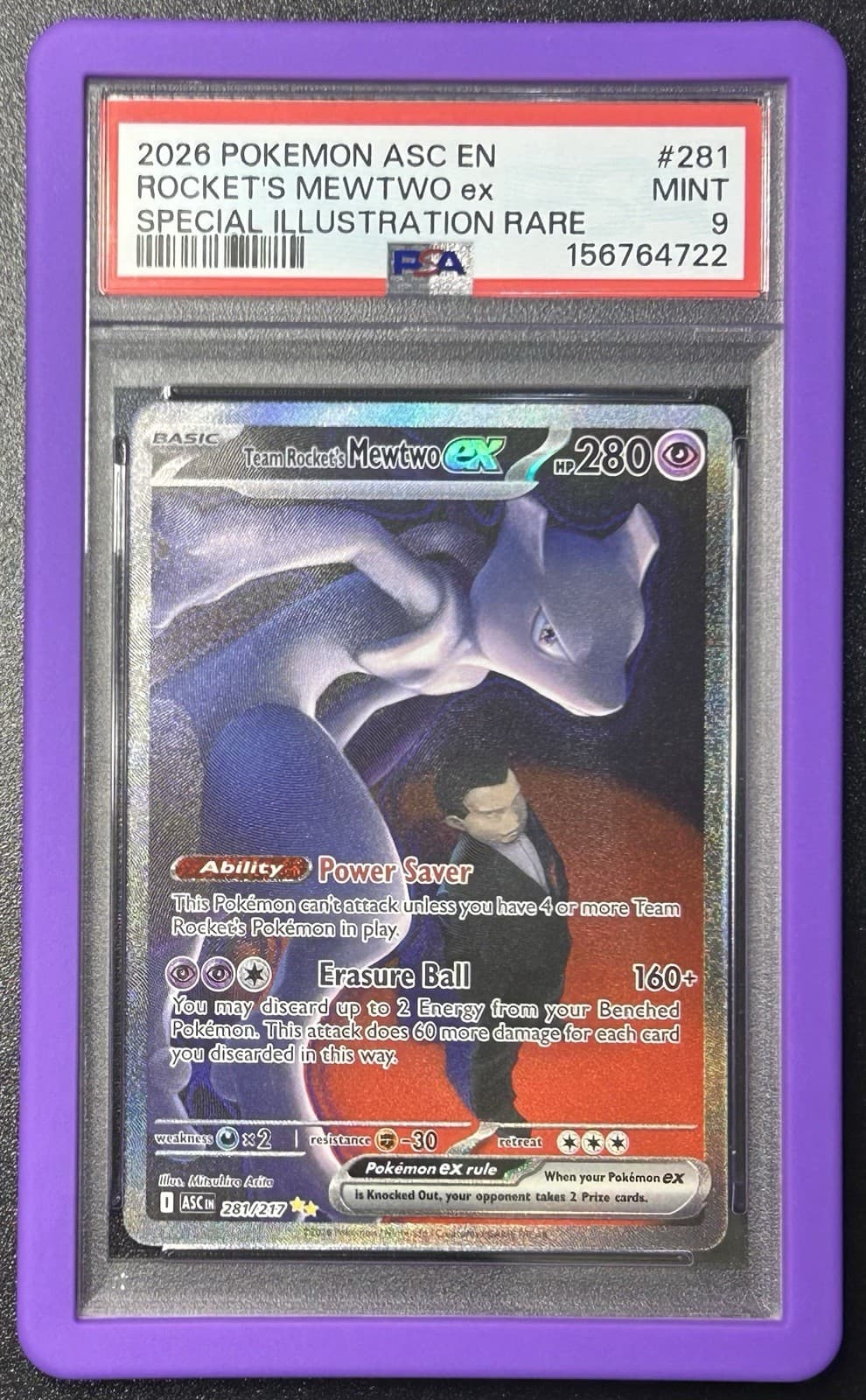 Pokémon Team Rocket's Mewtwo ex 281/217 EN Me: Ascended Heroes SIR Holo PSA 9