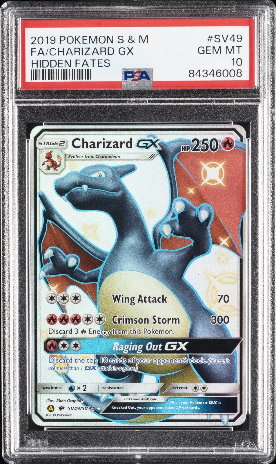 2019 POKEMON SUN & MOON HIDDEN FATES #SV49 FULL ART/CHARIZARD GX PSA 10