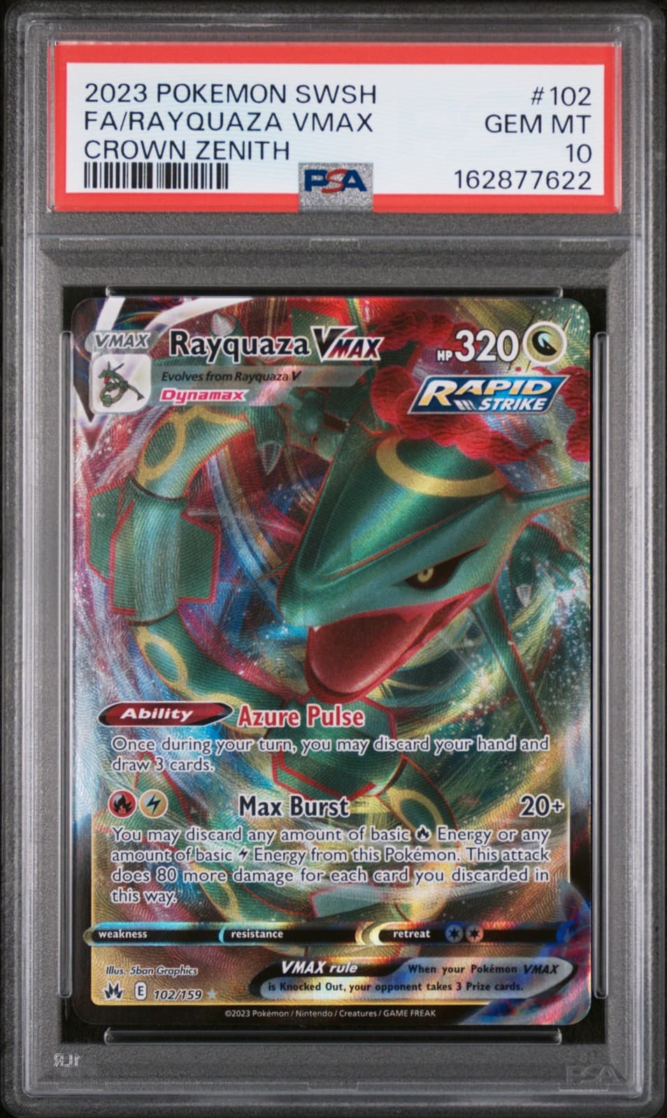 2023 POKEMON SWORD & SHIELD CROWN ZENITH #102 FULL ART/RAYQUAZA VMAX PSA 10