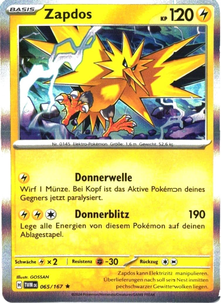 Zapdos 065/167 TWM65 Pokémon Karte Maskerade im Zwielicht Deutsch NM