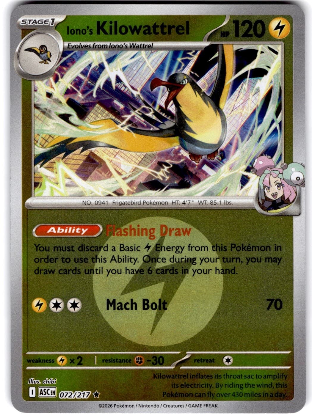 Pokemon Iono's Kilowattrel Ascended Heroes 72/217 Energy Holo Near Mint English