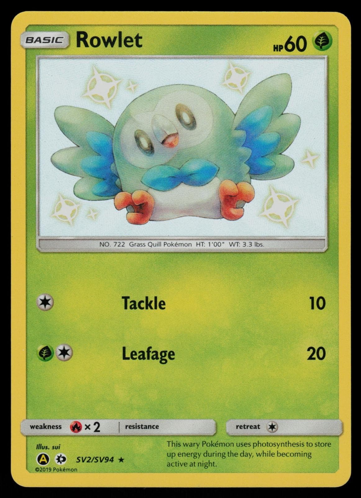Rowlet SV2/SV94 Shiny Rare - Pokemon Hidden Fates Shiny Vault Holo NM