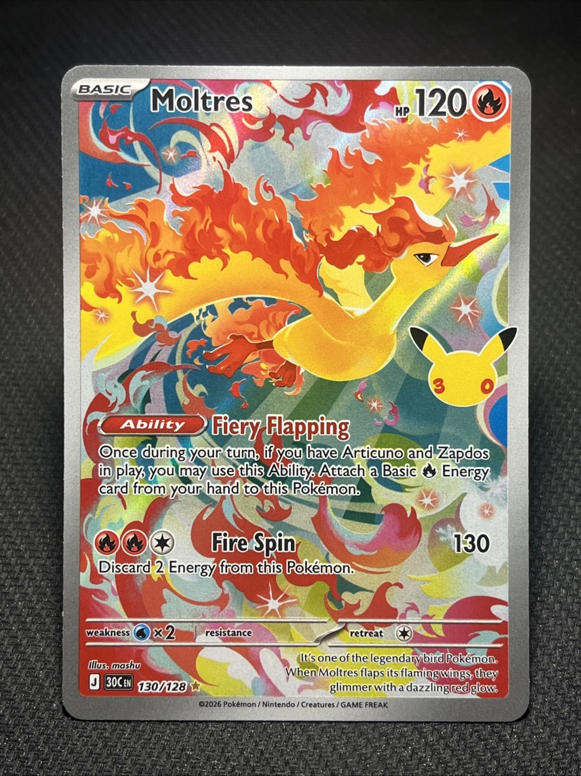 Moltres 130/128 Me: 30th Celebration Holo Illustration Rare Pokemon 30C IR