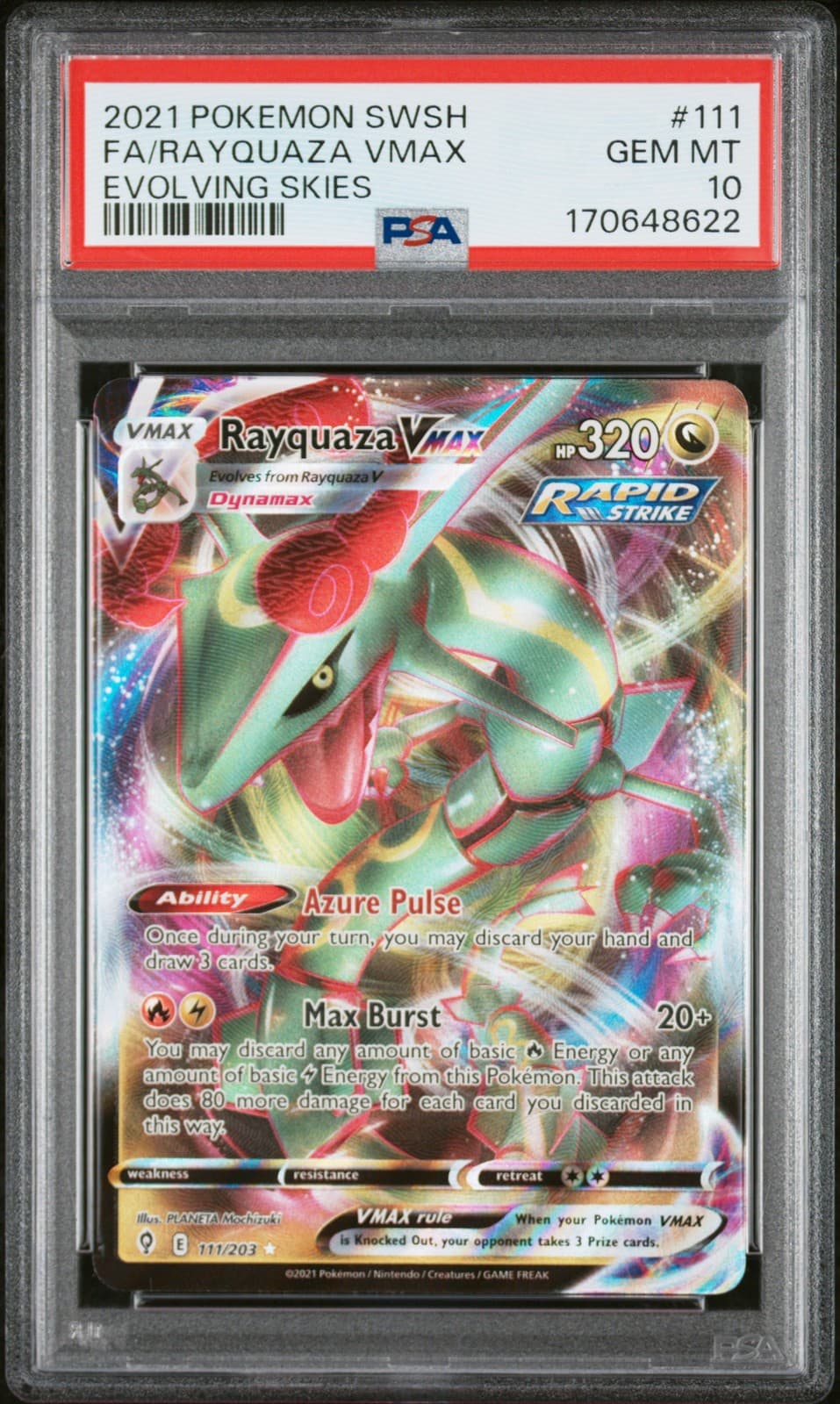 2021 POKEMON SWORD & SHIELD EVOLVING SKIES #111 FULL ART/RAYQUAZA VMAX PSA 10