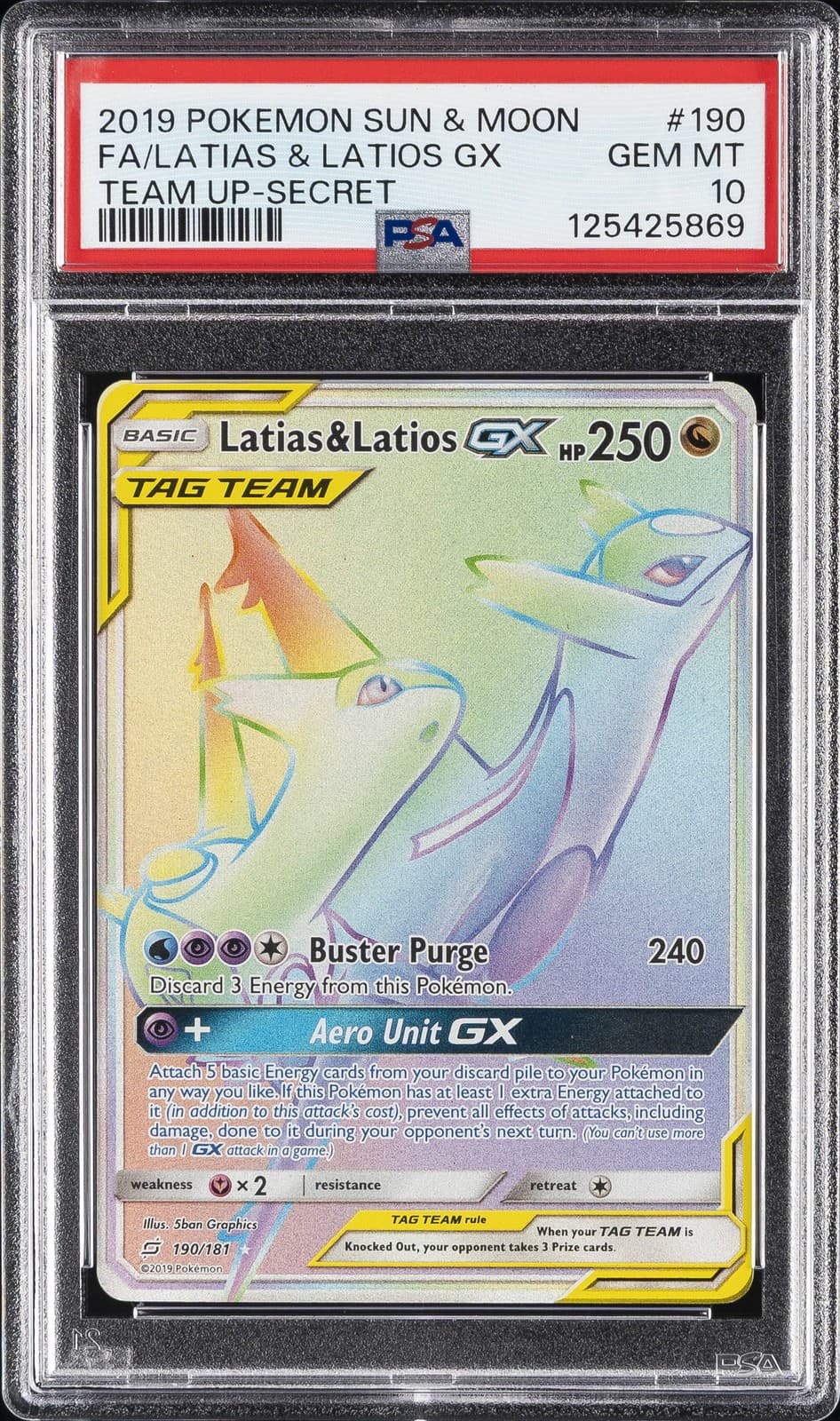 2019 POKEMON SUN & MOON TEAM UP SECRET #190 FULL ART/LATIAS & LATIOS GX PSA 10