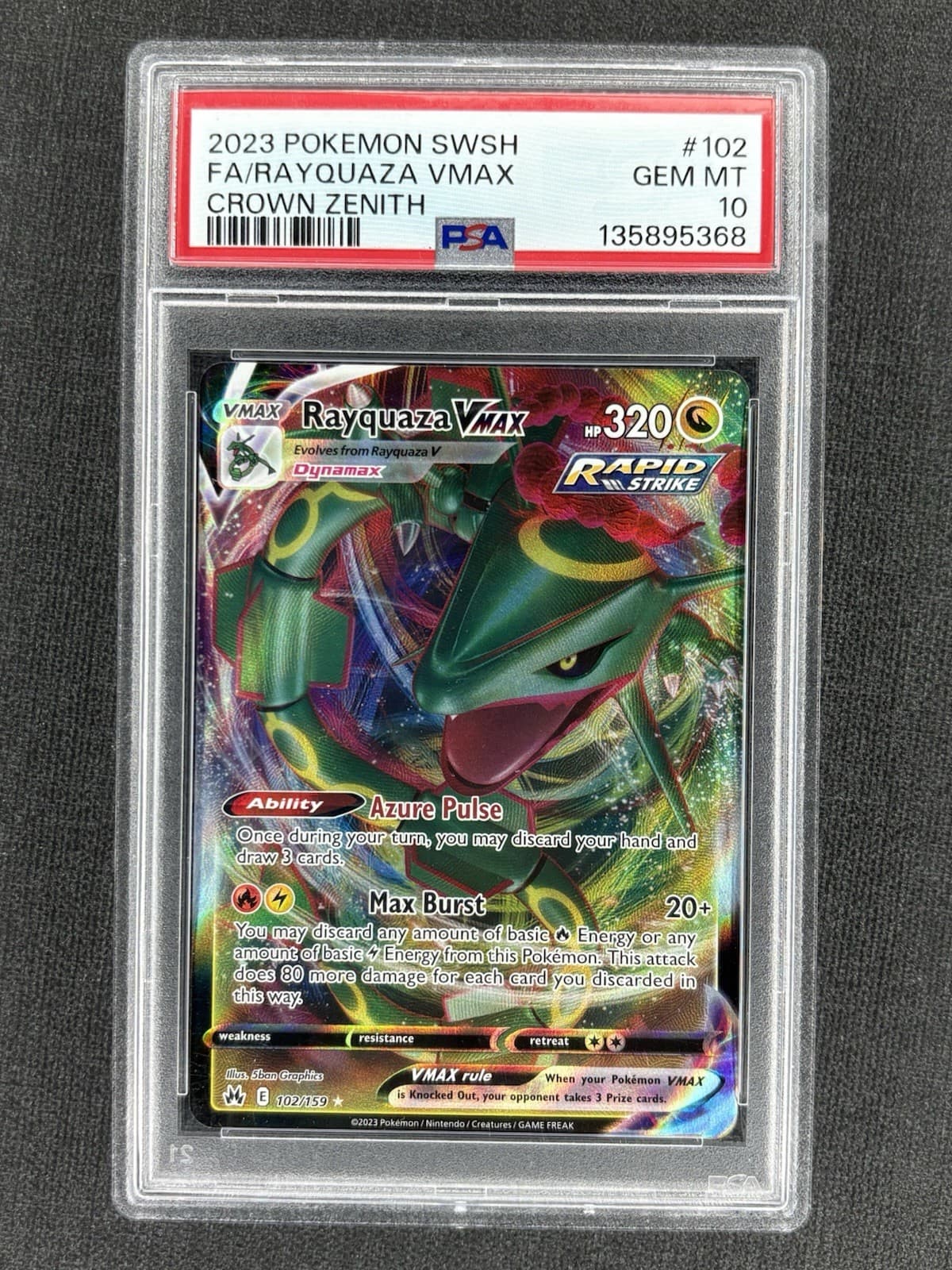 2023 POKEMON SWORD AND SHIELD CROWN ZENITH #102 FA/RAYQUAZA VMAX PSA 10