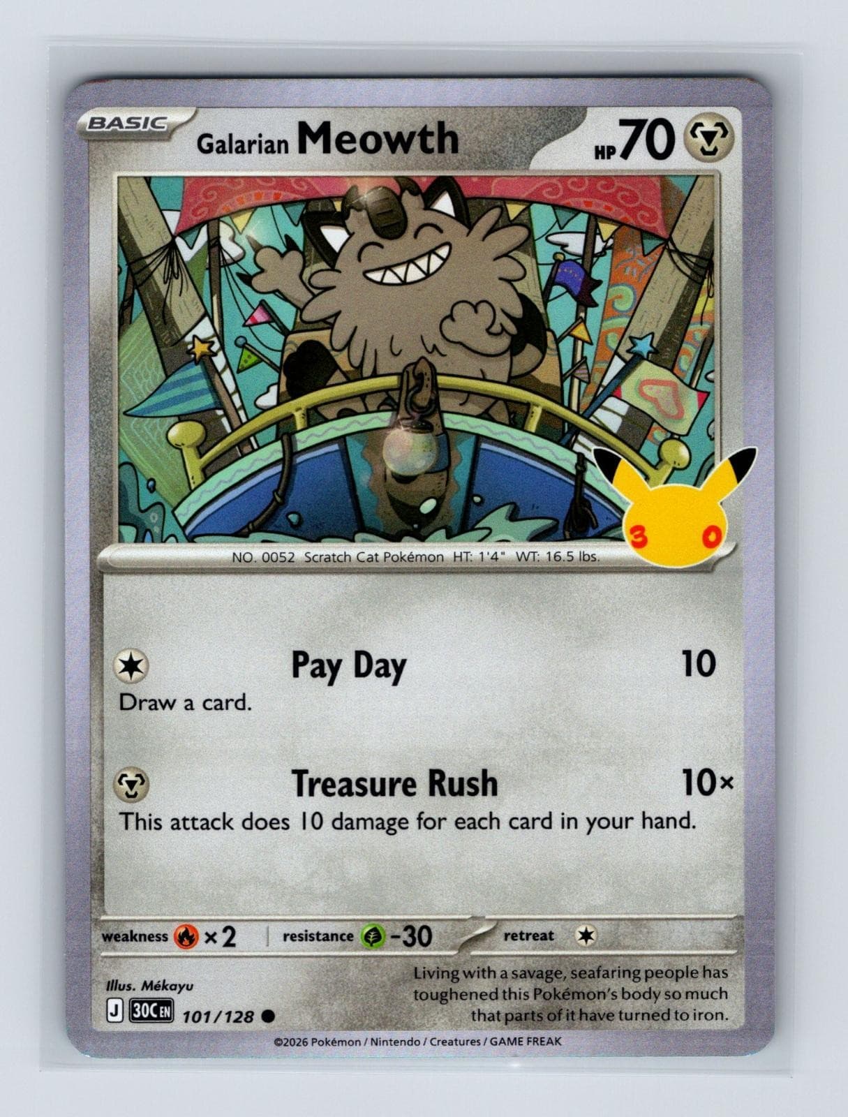 Galarian Meowth 101/128 C Pokemon ME: 30th Celebration Holo NM/M