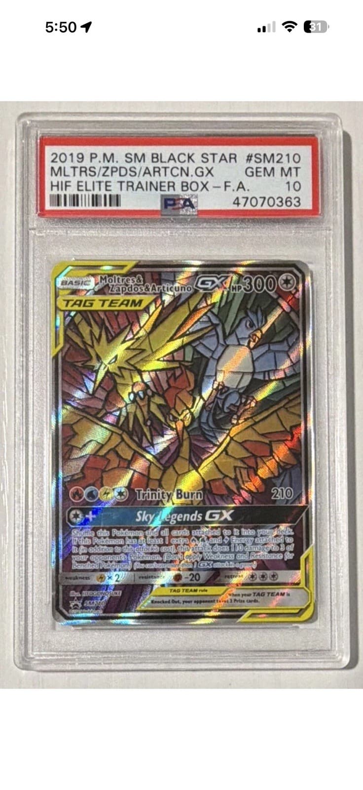 Pokemon 2019 Moltres & Zapdos & Articuno GX SM210 Holo Promo PSA 10