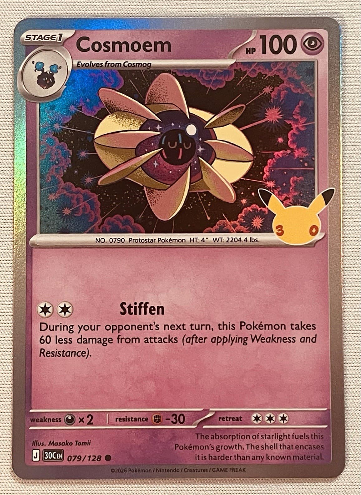 Cosmoem 079/128 Holo Pokemon TCG 30th Celebration Pikachu Stamp