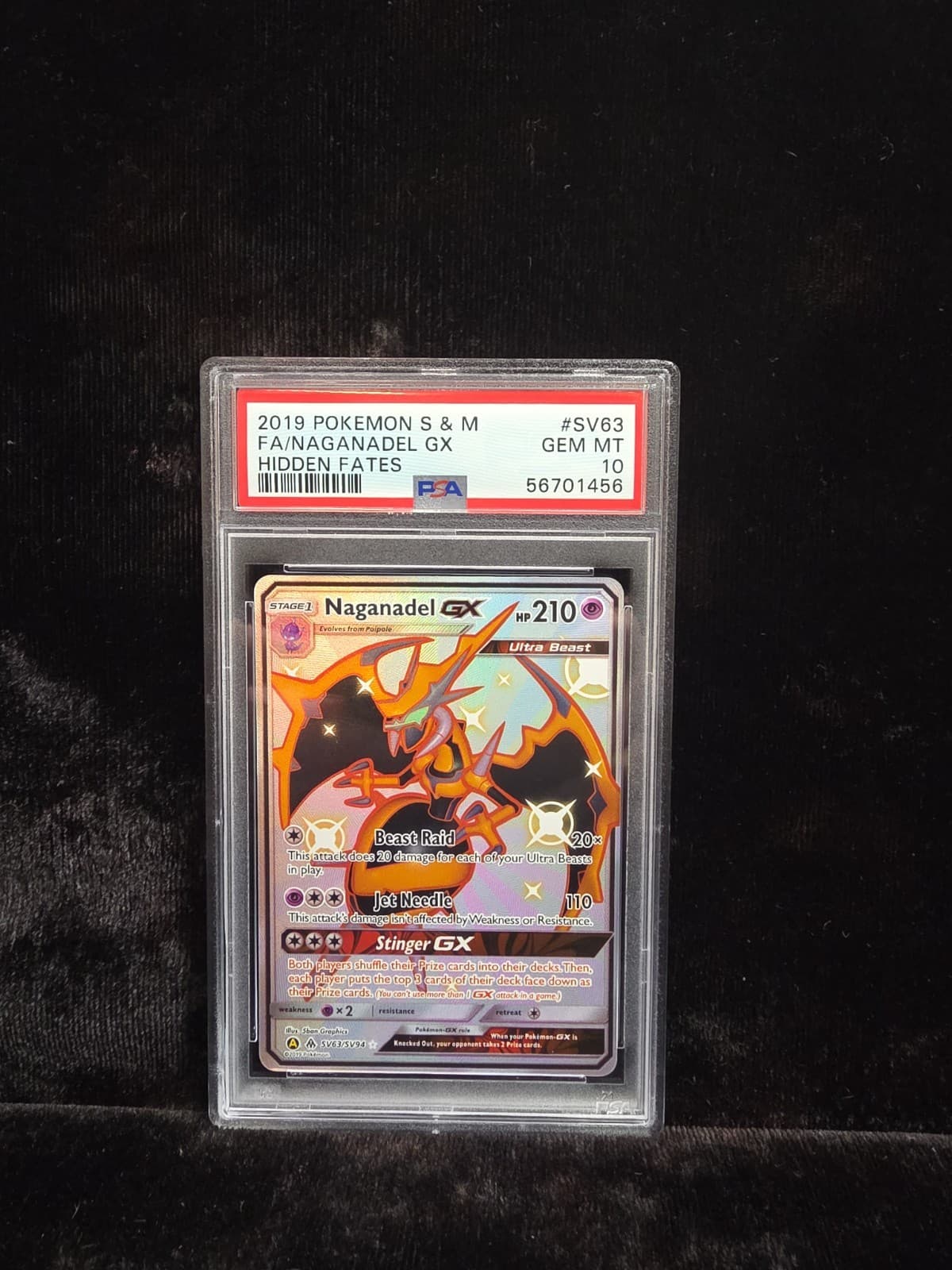 2019 POKEMON SUN & MOON HIDDEN FATES #SV63 FULL ART NAGANADEL GX PSA 10