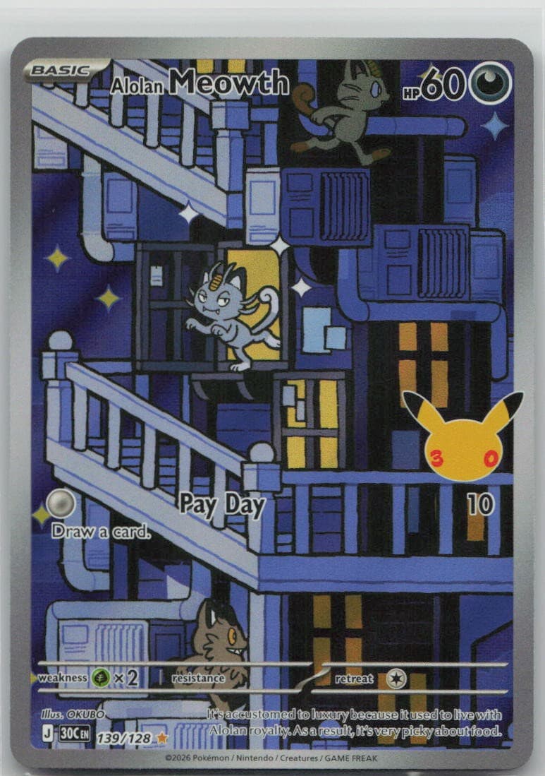 Alolan Meowth 139/128 Illustration Rare Holo ME: 30th Celebration NM Pokemon