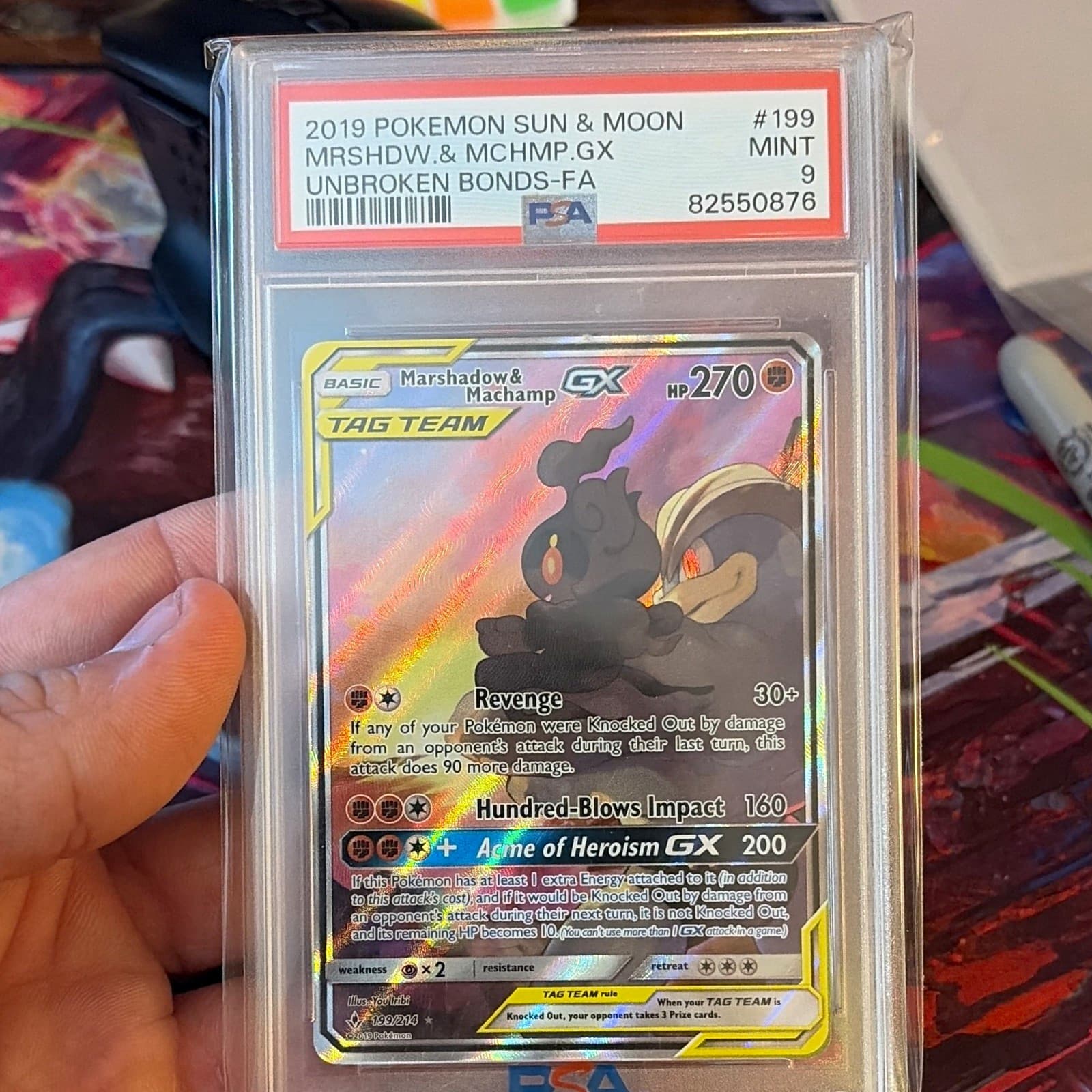 Pokemon 2019 SM Unbroken Bonds Marshadow & Machamp GX Full Art 199/214 PSA 9