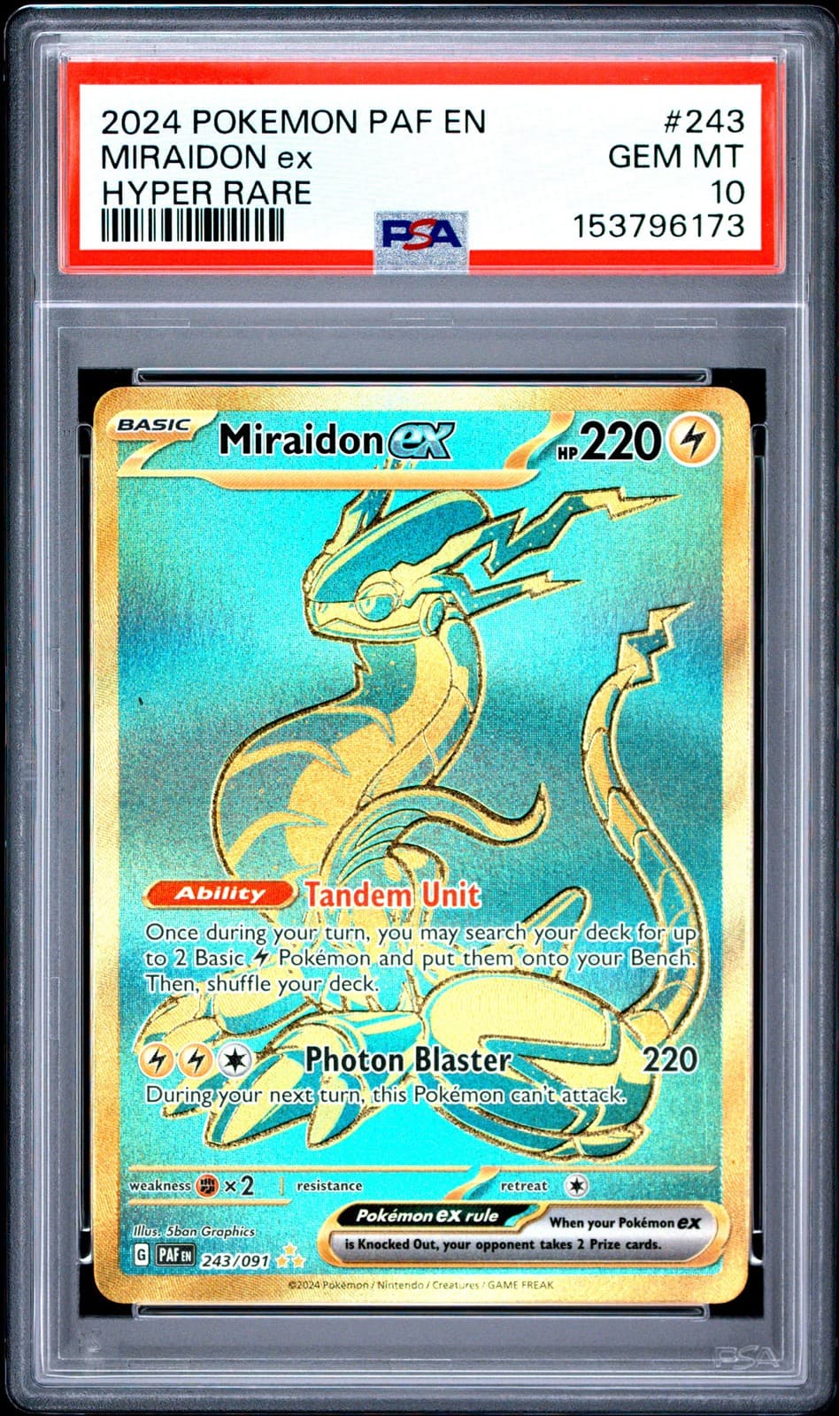 PSA 10 Miraidon Ex Hyper Rare #243 2024 Pokemon Paldean Fates 153796173