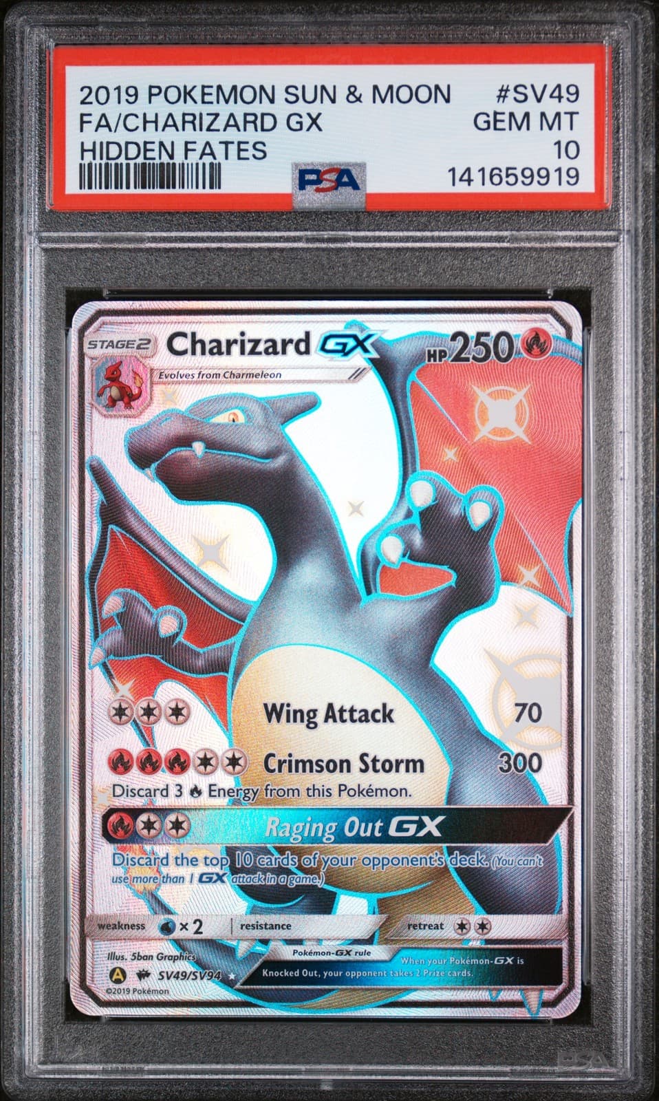 2019 POKEMON SUN & MOON HIDDEN FATES #SV49 FULL ART/CHARIZARD GX PSA 10