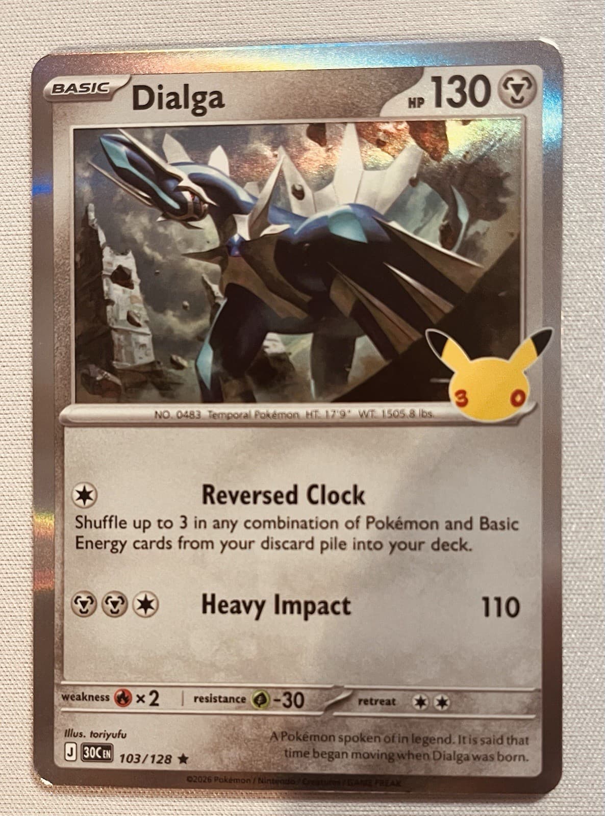 Dialga 103/128 Holo Rare Pokémon 30th Celebration 2026 Pikachu Stamp