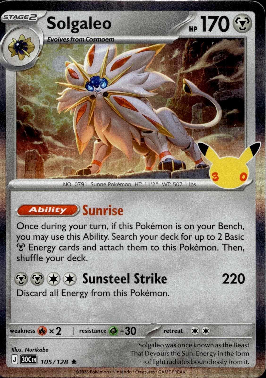 Solgaleo 105/128 ME: 30th Celebration Pokemon Holo Near Mint