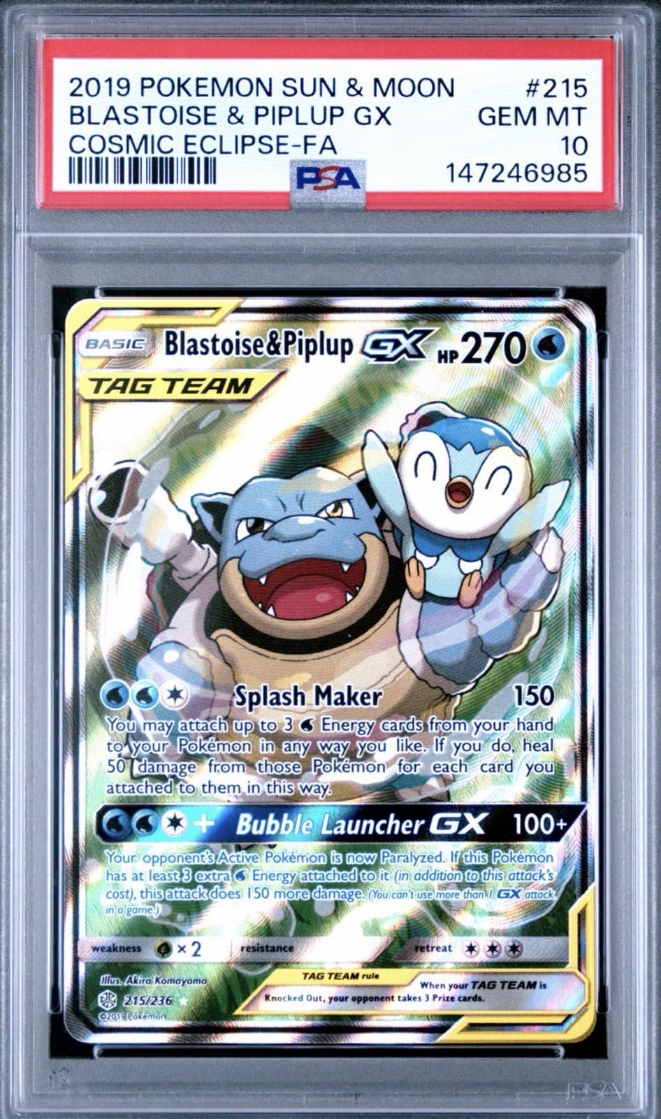 Pokemon 2019 SM Cosmic Eclipse 215/236 Blastoise & Piplup GX Alt Art PSA 10