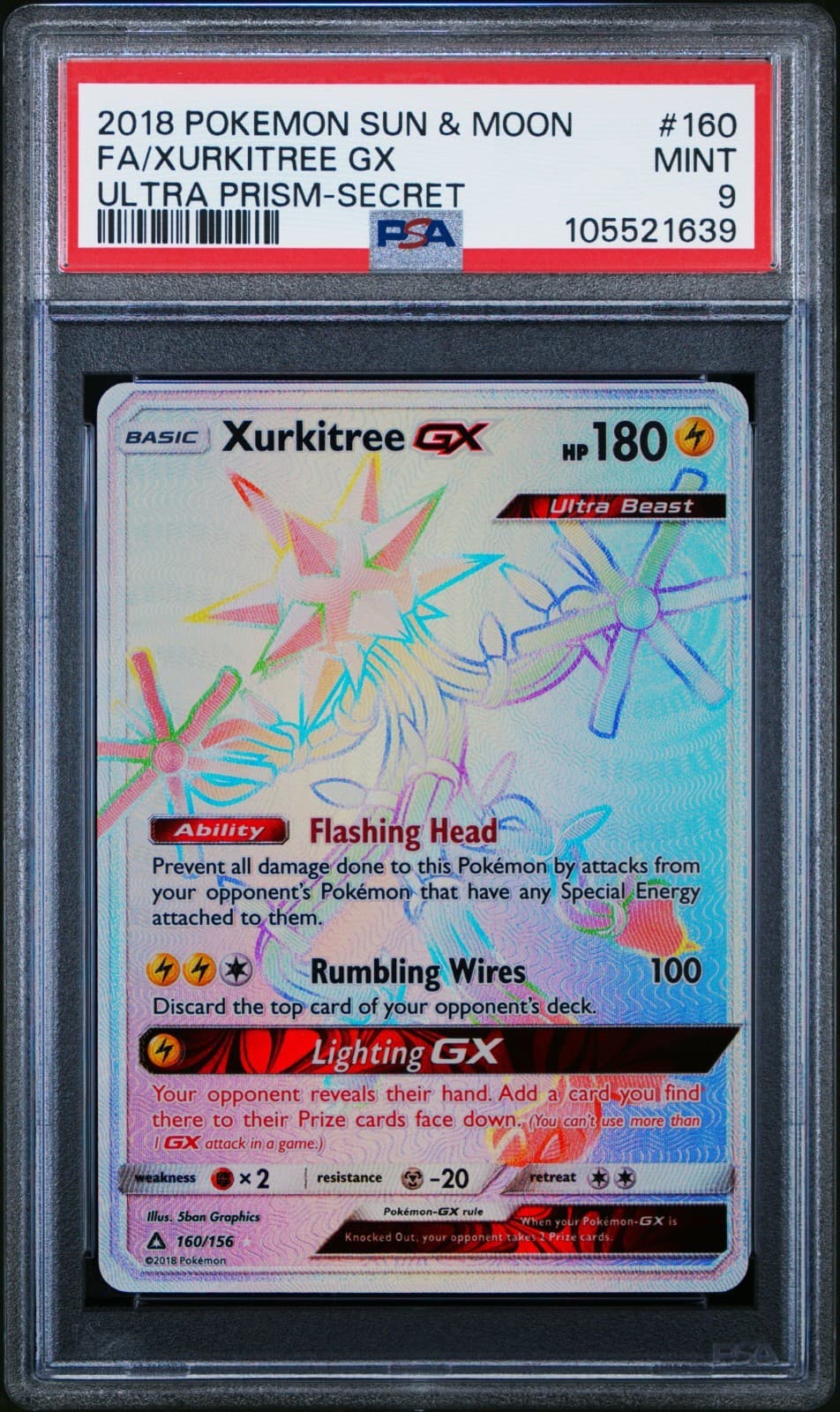 Xurkitree GX 160/156 PSA 9 Ultra Prism Rainbow Secret Rare Pokemon 2018 + Case
